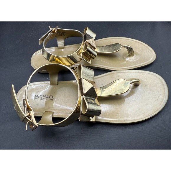 Michael Kors Thong Jelly Sandals Womens Size 6M Metallic Gold Bow Slingback Flat - Picture 1 of 7